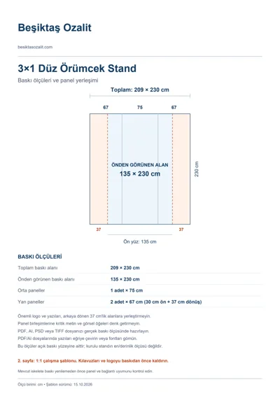Beşiktaş Ozalit logolu 3×1 Düz Örümcek Stand baskı şablonu: toplam 209 × 230 cm; görünen 135 × 230 cm