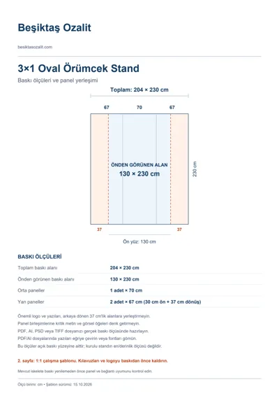 Beşiktaş Ozalit logolu 3×1 Oval Örümcek Stand baskı şablonu: toplam 204 × 230 cm; görünen 130 × 230 cm