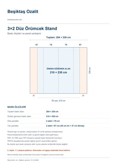 Beşiktaş Ozalit logolu 3×2 Düz Örümcek Stand baskı şablonu: toplam 284 × 230 cm; görünen 210 × 230 cm