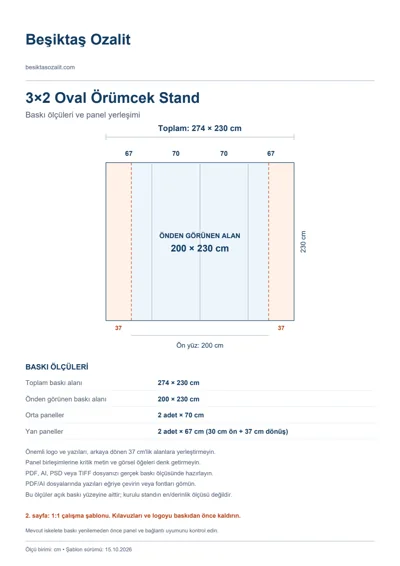 Beşiktaş Ozalit logolu 3×2 Oval Örümcek Stand baskı şablonu: toplam 274 × 230 cm; görünen 200 × 230 cm