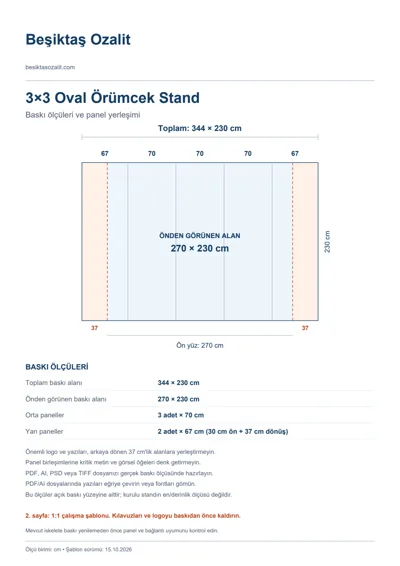 Beşiktaş Ozalit logolu 3×3 Oval Örümcek Stand baskı şablonu: toplam 344 × 230 cm; görünen 270 × 230 cm