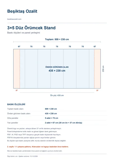Beşiktaş Ozalit logolu 3×5 Düz Örümcek Stand baskı şablonu: toplam 509 × 230 cm; görünen 435 × 230 cm